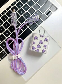 5 pièces Ensemble d'accessoires de charge avec design en forme de cœur violet - Adaptateur de chargeur 20W/18W, protecteur de câble de charge, boîtier de protection de la tête de charge, compatible avec les chargeurs 11 12 13 14 15 16