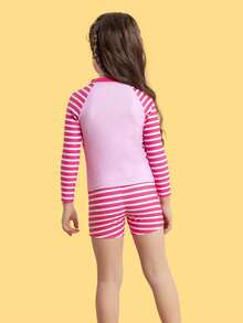 Young Girl Unicorn & Striped Print Tankini Swimwear - Pink - View 4