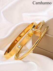 Camhanno 2 Pieces Of Light Luxury Fashion Stainless Steel Plum Blossom Nails + Eight-Pointed Star Diamond Bracelet Are Suitable For Holiday Girlfriends - Gold - View 3