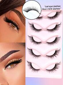 Asiteo 5 Pairs Cartoon Style Cat Eye False Eyelashes, 3D Natural Transparent With Fluffy Soft Criss-Cross Lashes, Delicate Natural Eyelash Extensions For Makeup - 眼尾拉長款 - 查看 3