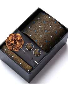 AlanKing 1 set de corbata, pañuelo de bolsillo, gemelos y broche con diseño de flor dorado para hombre, para fiestas/festivales