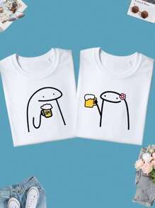 Playeras para parejas. Playeras couple outfit, DOS piezas, Duo, twins Beer flor dibujo bebida , playa, partu, casual,novios, hermanos - Blanco - Ver 2
