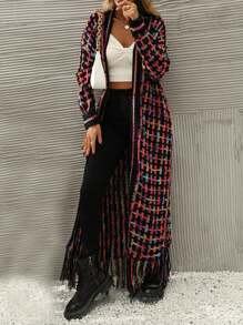 Women's Long Sleeve Knit Cardigan With Tassel Details, Stretchy Long Design - Multicolor - View 1