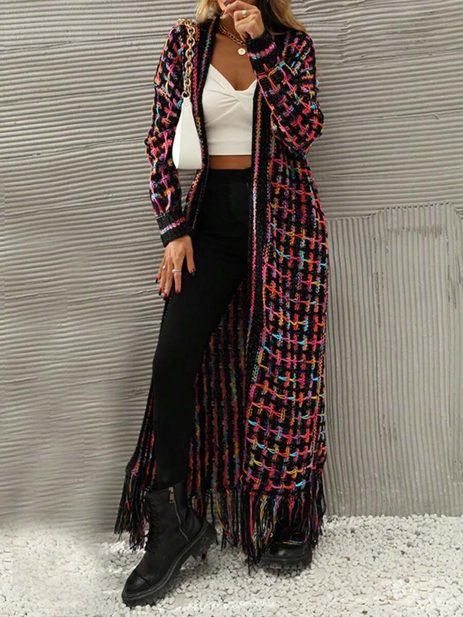 Women's Long Sleeve Knit Cardigan With Tassel Details, Stretchy Long Design - Multicolor - View 1