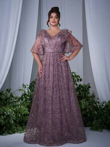 大码 V 领荷叶边蕾丝刺绣高档宽袖晚礼服（无花饰）、伴娘礼服 - 淺灰紫 - 查看 1