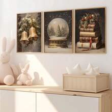 Conjunto de 3 impresiones de arte de pared rústico navideño, pósters de lienzo navideños, bola de nieve del árbol de Navidad, campanas de cascabel, arte de libro pintura al óleo vintage, decoración de Academia Oscura, decoración de invierno, regalos navideños para dormitorio, sala de estar, pasillo, decoración del hogar, sin marco