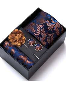 AlanKing 1 set de corbata, pañuelo de bolsillo, gemelos y broche con diseño de flor dorado para hombre, para fiestas/festivales
