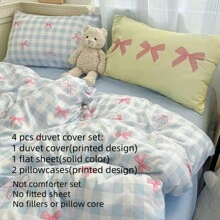 Set de ropa de cama de 4 piezas con lazos rosas, tela de poliéster suave y fácil de lavar con diseño de cuadros azul y blanco texturizado, adecuado para niños de 7+ años y adolescentes (1 funda nórdica + 1 sábana plana + 2 fundas de almohada, sin relleno) para el Día de San Valentín