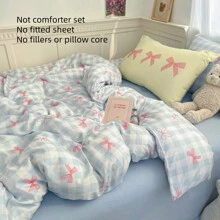 Set de ropa de cama de 4 piezas con lazos rosas, tela de poliéster suave y fácil de lavar con diseño de cuadros azul y blanco texturizado, adecuado para niños de 7+ años y adolescentes (1 funda nórdica + 1 sábana plana + 2 fundas de almohada, sin relleno) para el Día de San Valentín