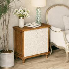 Farmhouse 3 Drawer Dresser With Embossed Flower Leaf Motif Front, Distressed Boho Nightstand, Almost Fully Assembled, Rustic, French Country, Weathered White, Natural & White, Black - Tủ quần áo 3 ngăn kéo White Leaf Front - Xem 8
