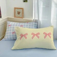 Set de ropa de cama de 4 piezas con lazos rosas, tela de poliéster suave y fácil de lavar con diseño de cuadros azul y blanco texturizado, adecuado para niños de 7+ años y adolescentes (1 funda nórdica + 1 sábana plana + 2 fundas de almohada, sin relleno) para el Día de San Valentín