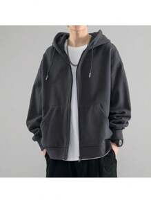 Women's Casual Flannel Sweatshirt With Zipper Closure - Dark Grey - View 2