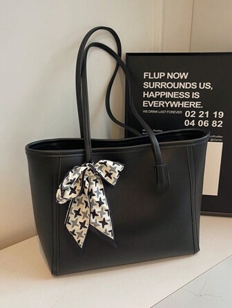 Fashion Solid Color PU Tote Bag With Scarf, Large Capacity Vintage Minimalist Casual Shoulder Bag, Versatile Handbag For Women, Eye-Catching Work Bags For Women, Fashionable Bow Purse For Women, Tote Bags For School,College Essentials, New Fashionable Big Bags For Women