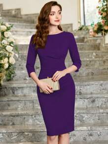 MIUSOL Elegant Women's Ruched Zip Back Split Hem Bodycon Dress, Slim Fit Business Casual Outfit, Perfect For Office, Wedding Guest, Homecoming, Church And Birthday Party - Màu tím - Xem 3