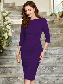 MIUSOL Elegant Women's Ruched Zip Back Split Hem Bodycon Dress, Slim Fit Business Casual Outfit, Perfect For Office, Wedding Guest, Homecoming, Church And Birthday Party - Màu tím - Xem 5