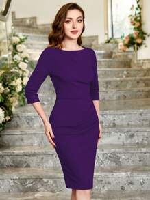MIUSOL Elegant Women's Ruched Zip Back Split Hem Bodycon Dress, Slim Fit Business Casual Outfit, Perfect For Office, Wedding Guest, Homecoming, Church And Birthday Party - Màu tím - Xem 4