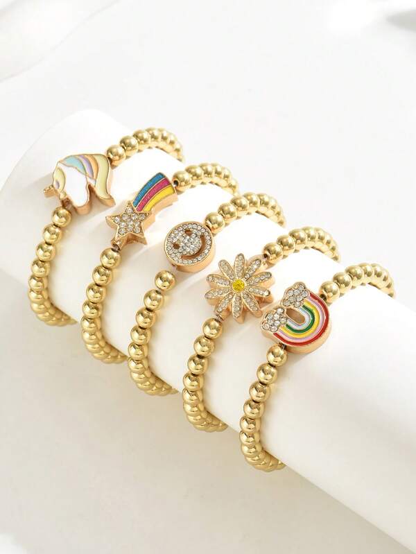 Juego de 5 piezas Pulseras de charms de caballo, arco iris y girasol con cristales de gota de aceite lindos para niñas, mejor accesorio de uso diario o para fiesta