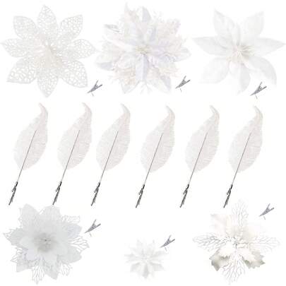 10pcs/6pcs/1pc White Poinsettia Flower Christmas Decoration Set - Clips Included, Shiny Artificial Poinsettia Flowers For Christmas Tree, Wreaths, Hol