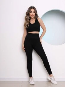 Gym Set, Pants And Top With Padded Non-Transparent Polyamide Fabric - màu đen - Xem 3