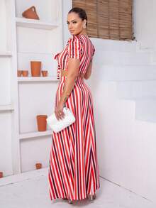 Women's Set Long Skirt With Slit And Cropped Neckline Tie Short Sleeve Summer Prints Beach Butterfly Print Striped REF: Hawaii - 紅色條紋 - 查看 4