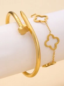 2pcs Fashionable Deluxe Clover Rivet Bracelet & Bangle Set, Stainless Steel, Suitable For Daily Wear And Gift Valentines,Mom,Mother,Mother's Day,Gift