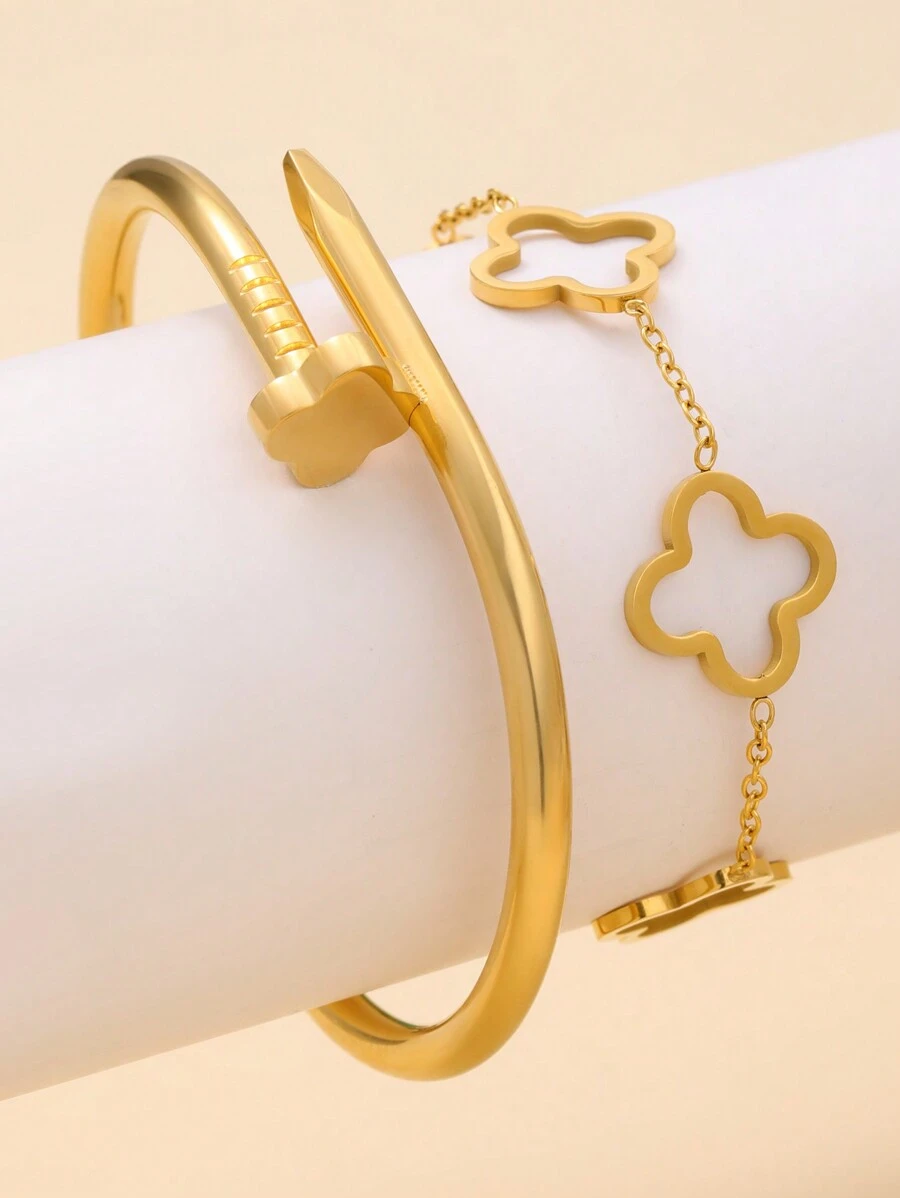 2pcs Fashionable Deluxe Clover Rivet Bracelet & Bangle Set, Stainless Steel, Suitable For Daily Wear And Gift Valentines,Mom,Mother,Mother's Day,Gift