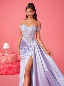 Smilprince 新款优雅露肩性感长款正式晚礼服，高开叉连衣裙，优雅派对，婚礼宾客舞会礼服，毕业典礼礼服，晚宴礼服 - 淺藍色 - 查看 8