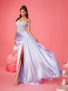 Smilprince 新款优雅露肩性感长款正式晚礼服，高开叉连衣裙，优雅派对，婚礼宾客舞会礼服，毕业典礼礼服，晚宴礼服 - 淺藍色 - 查看 5