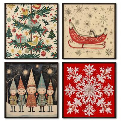 节日墙面装饰复古风格中世纪现代彩色树鸟方形帆布印刷品，圣诞墙面装饰，3 件套，帆布海报，适合家庭、客厅、卧室的帆布墙面装饰