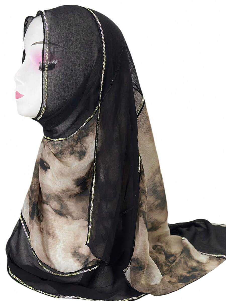 1pc Women's Fashion Patchwork Chiffon Printed Scarf, Contrast Color Casual Polyester Headscarf, Style Elegant Versatile Long Scarf, All Season