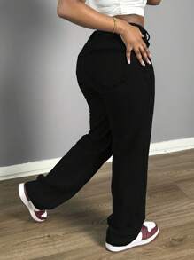 Chicsale Women's Straight Leg Denim Pants - Elegant Wide Leg Floor-Length Jeans With Button & Zipper, Relaxed Fit Casual Trousers For Everyday Outings - 黑色 - 查看 5