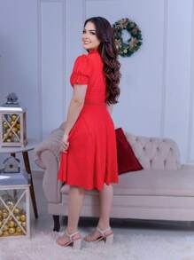 Women's Midi Dress With Belt Romantic Luxury Lese Cotton High Neck Elegant Modest Beautiful Party Wedding Zipper Buttons - Red - View 3