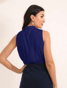 Women's Social Blouse, High Neck, Button On The Back, Super Fashion - 藏蓝色 - 查看 2