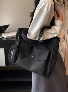 2 peças Conjunto de Sacolas de Lona Preta - Bolsa de Ombro de Grande Capacidade com Porta-Moedas, Adequado para Casual, Trabalho, Escola, Bolsa Estampada com Letras na - Preto - Visão 3