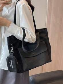 2 peças Conjunto de Sacolas de Lona Preta - Bolsa de Ombro de Grande Capacidade com Porta-Moedas, Adequado para Casual, Trabalho, Escola, Bolsa Estampada com Letras na - Preto - Visão 8