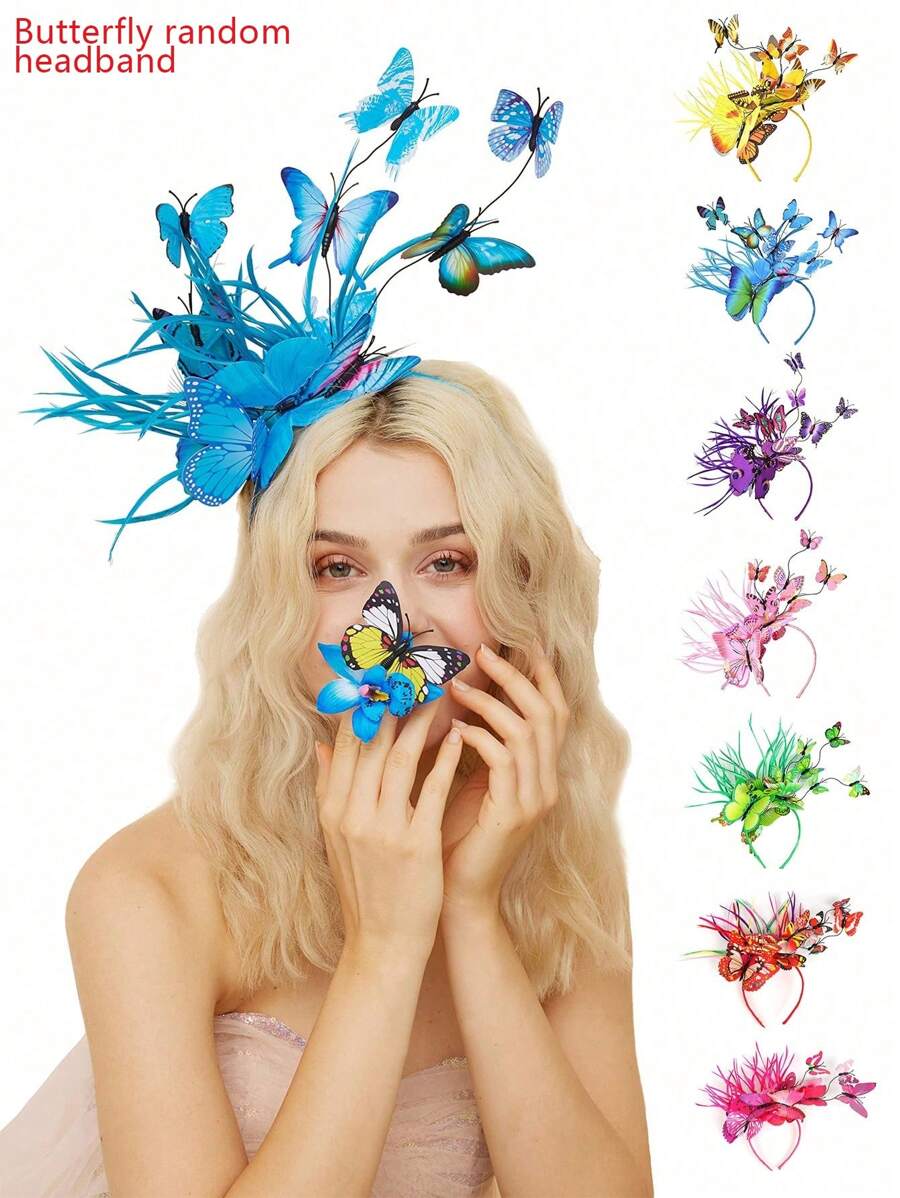 1 件蝴蝶头饰帽子羽毛头饰茶会药盒帽蝴蝶头饰（蝴蝶随机）万圣节 - 蝴蝶髮箍 - 查看 1