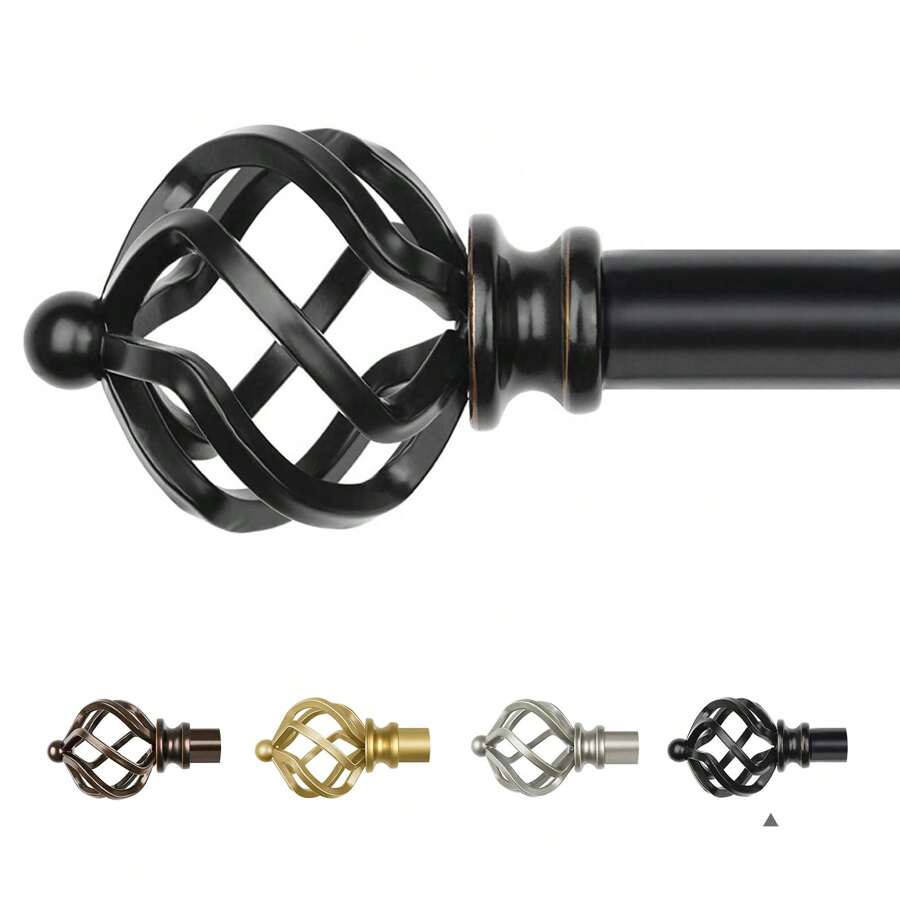 1pc Long Curtain Rods For Windows, Splicing Adjustable Curtain Rod, Single Drapery Rod With Twisted Cage Finial, Bronze/Silver/Black/Gold - Black - View 1