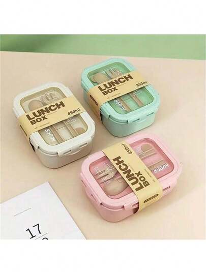 1 pieza Caja de almuerzo de doble capa con juego de utensilios, reutilizable, apta para microondas (retirar la tapa), adecuada para la cocina, al aire libre, regalo de Navidad