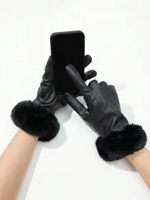 1雙女款人造皮革大袖口手套，時尚保暖內裡觸控螢幕手套，防水防風PU手套，人造皮革手套 - 三道皮-黑色 - 查看 2