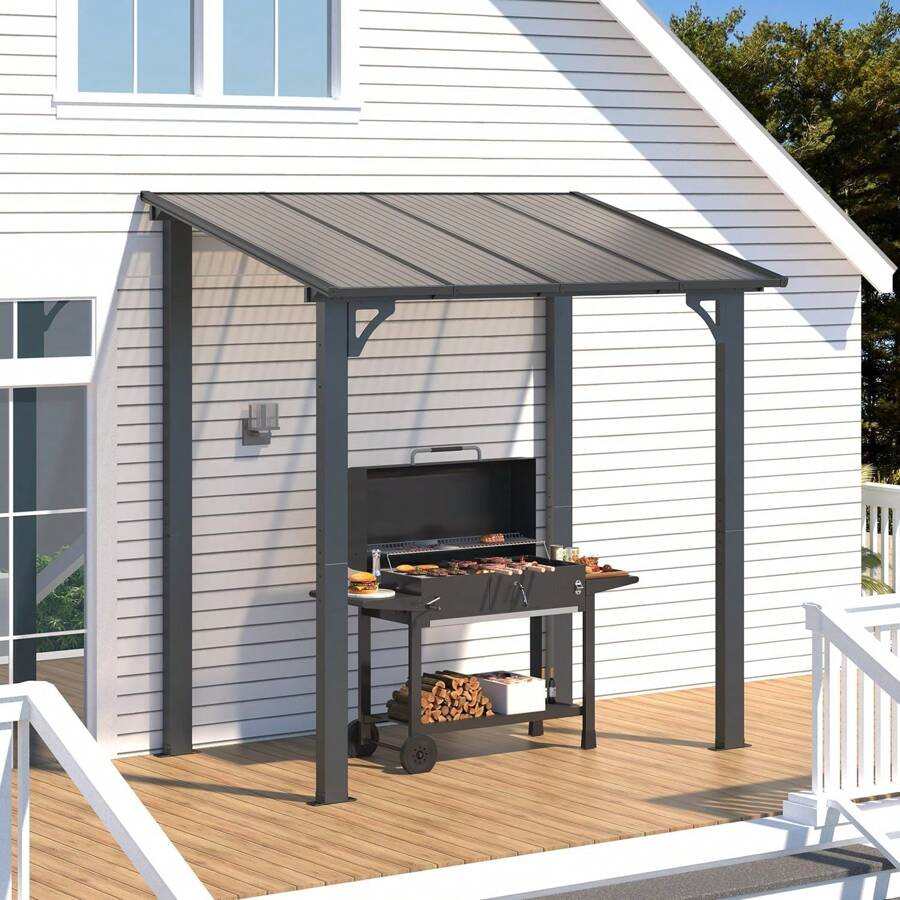 AECOJOY 8' X 5' Gazebo Outdoor Pergola For Patio, Lean To Hard Top Grill Gazebo Shelter Pergolas And Gazebos With Roof, Small Wall-Mounted Heavy Duty Awnings For Patio, Decks, Backyard - Black - View 1