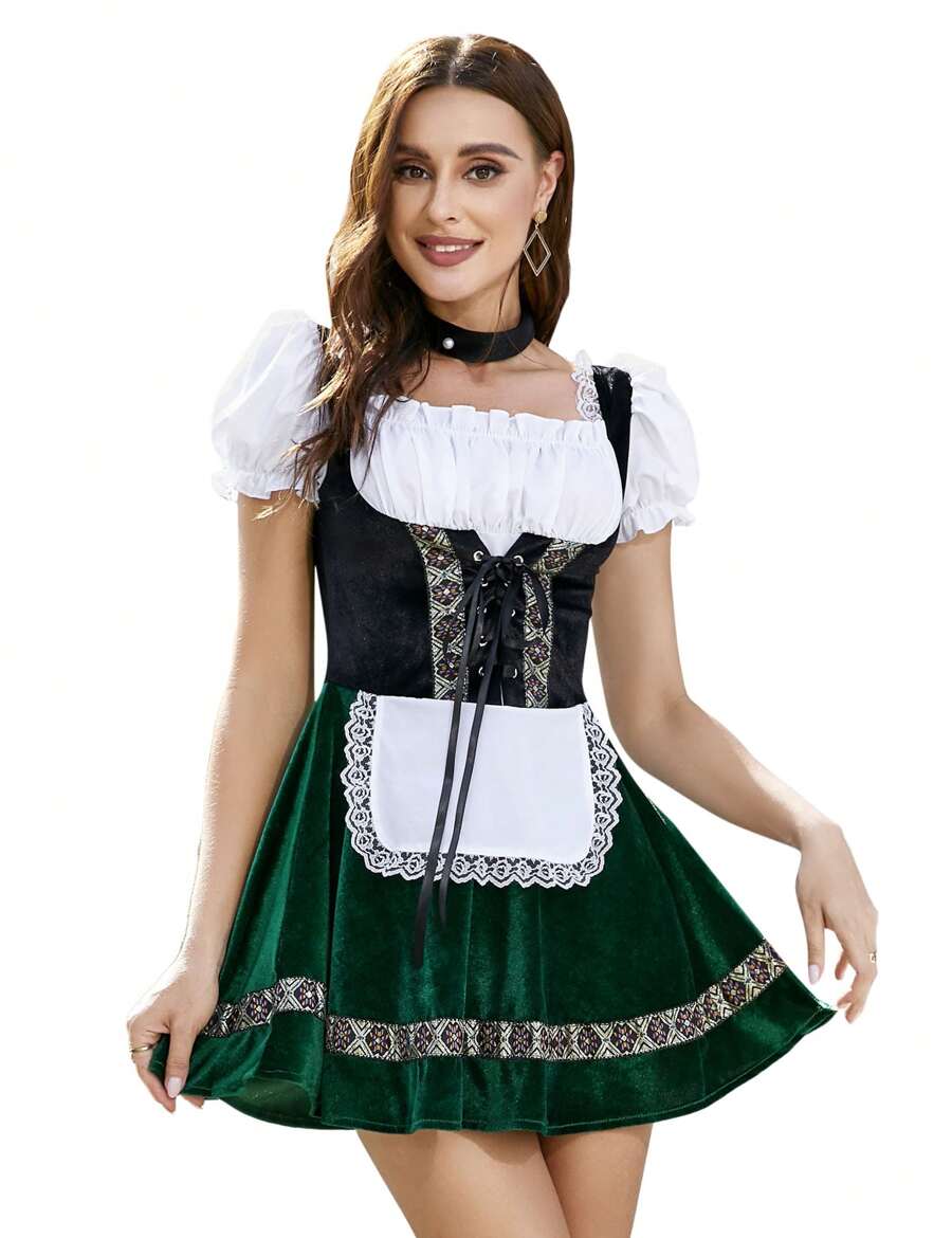 Vestido de dirndl alemán para mujer, disfraz tradicional de una sola pieza para el Oktoberfest, Halloween o carnaval - Verde - Ver 1