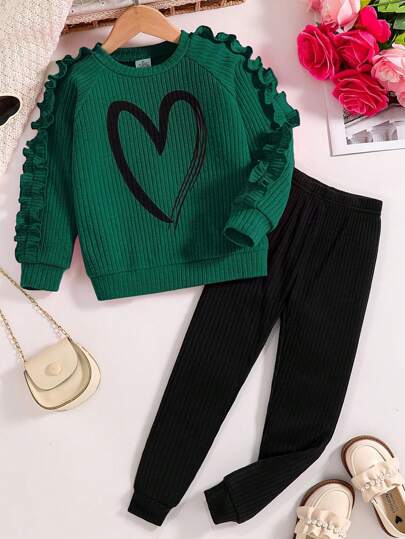 2pcs/Set Fashionable Girls Pants Set For Spring And Autumn, Includes Heart Print Rib Knit Round Neck Ruched Long Sleeve Top And Elastic Waist Tapered Leg Pants, Soft And Comfortable Young Girl Outfit For Outdoor And Daily Casual Wear