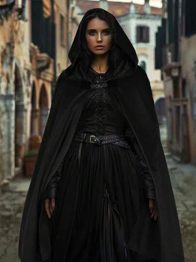 ROMWE Goth 1 件黑暗中世纪骑士战士维京风格斗篷，万圣节化妆舞会舞台表演服装道具黑色斗篷