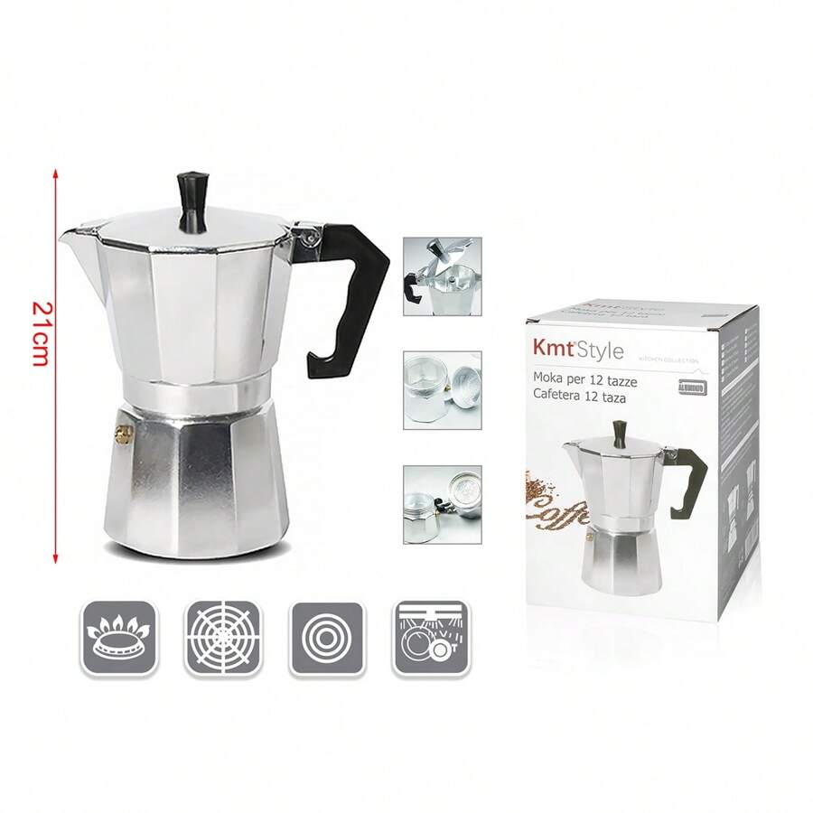 1 chiếc ấm pha cà phê espresso Moka Pot hình bát giác bằng nhôm Ý cổ điển màu bạc/đen - 21cm - Xem 1