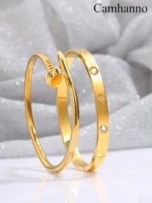 Camhanno 2 Pieces Of Light Luxury Fashion Stainless Steel Plum Blossom Nails + Eight-Pointed Star Diamond Bracelet Are Suitable For Holiday Girlfriends - Gold - View 12