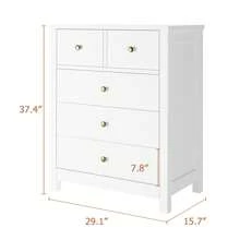 WhizMax Chest Of Drawers With 5 Drawers, Wood Dresser Organizer With Metal Handle, Modern Dresser For Bedroom, Living Room,Entryway, Hallway, Home Office,, And Office, White/Brown/Khaki - 白色 - 查看 3