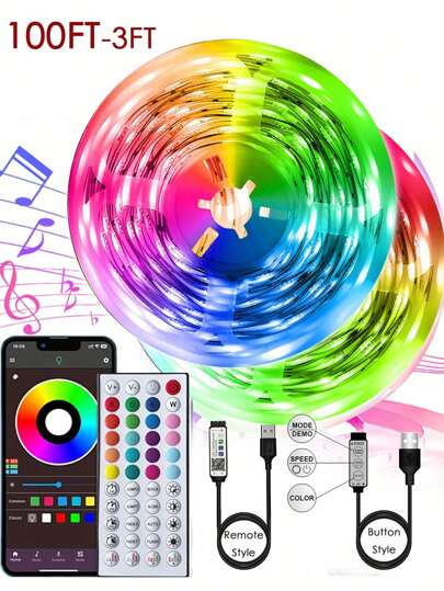 3.3ft-100ft Led Lights For Bedroom Music Sync Color Changing RGB Led Strip Lights With Remote App Control Bluetooth Led Strip, Led Lights For Room Home Kitchen Decor Party 100 Ft (2 Rolls Of 50ft),3ft-17ft Button Style No Bluetooth&No Music Sync