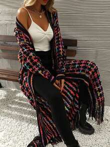 Women's Long Sleeve Knit Cardigan With Tassel Details, Stretchy Long Design - Multicolor - View 5