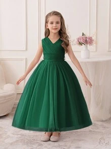 Vestido verde oscuro de tul esponjoso para niña preadolescente, ropa formal para fiestas de Navidad - Verde Oscuro - Ver 4