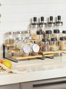 SONGMICS Especiero, Juego de 2 Estante para Especias, Especiero Extensible de 3 Niveles, de Bambú, Apilable, para Despensa, Encimera, Mostrador, Natural y Negro MKCS016N01 - Negro - Ver 4